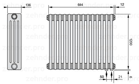 Схема (чертеж) Радиатор Zehnder Charleston 4120/14 №5510 Белый глянцевый RAL 9016